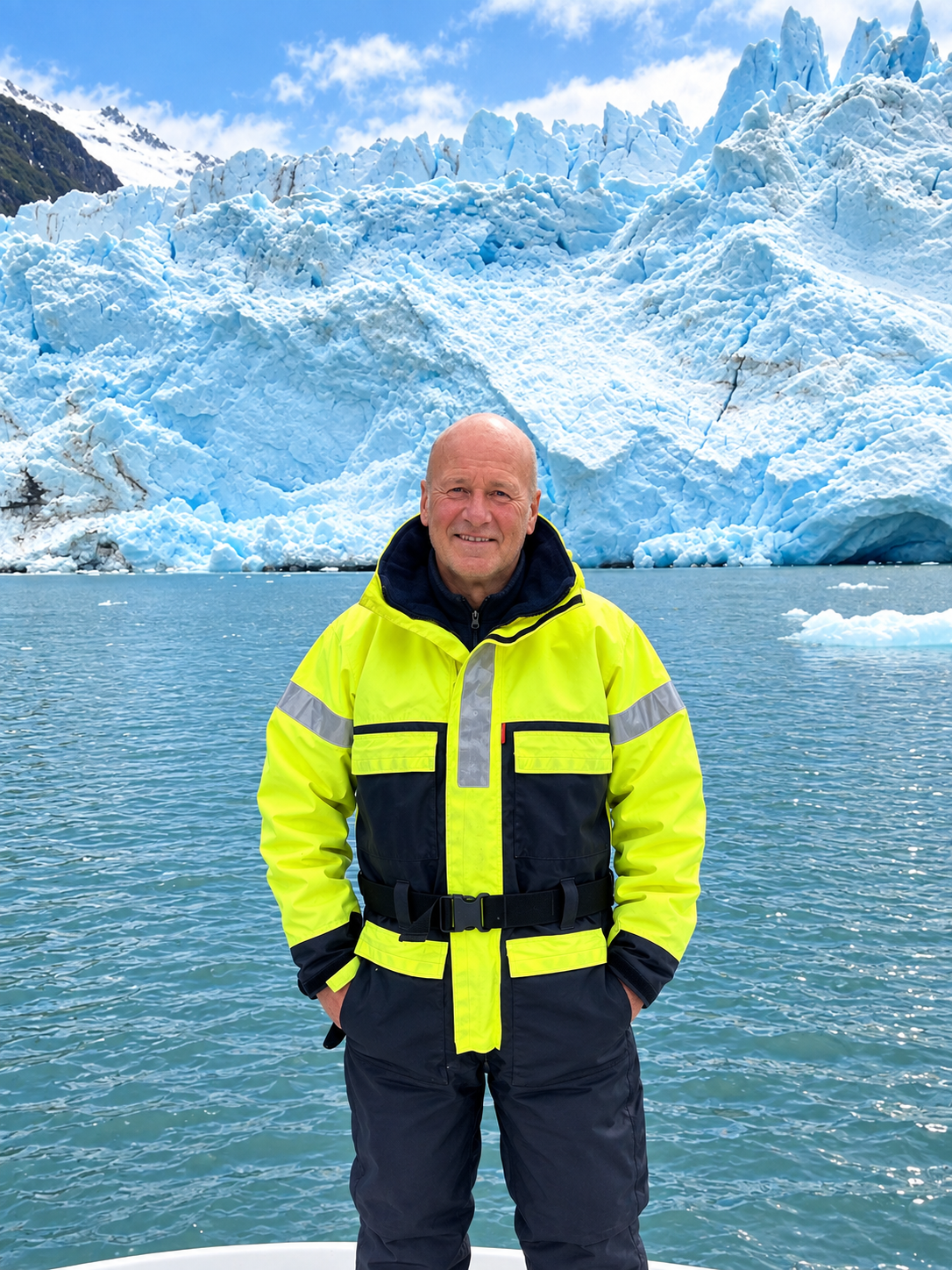 Le capitaine Laurent devant un glacier en Patagonie